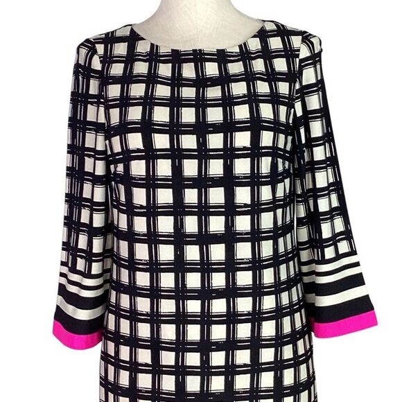 Eliza J Shift Dress Womens 8 Black Ivory Pink Trim Geometric 3/4 Sleeve Stretch - Picture 2 of 9